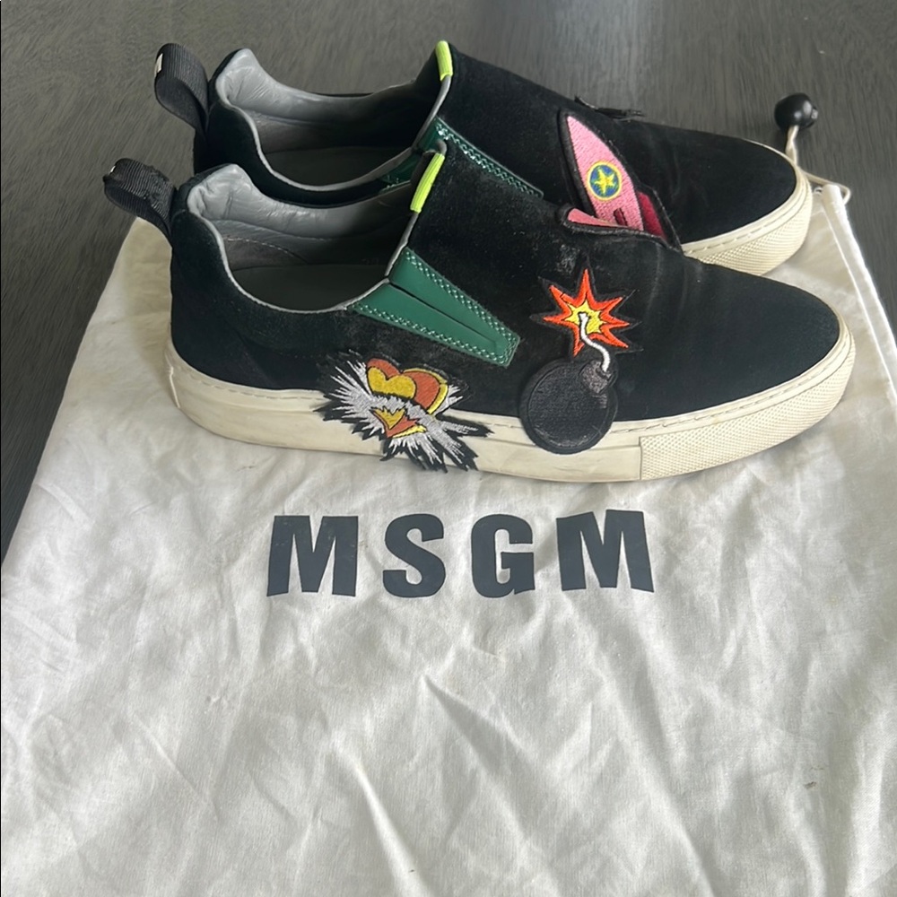MSGM Black and Green Embroidered Sneakers